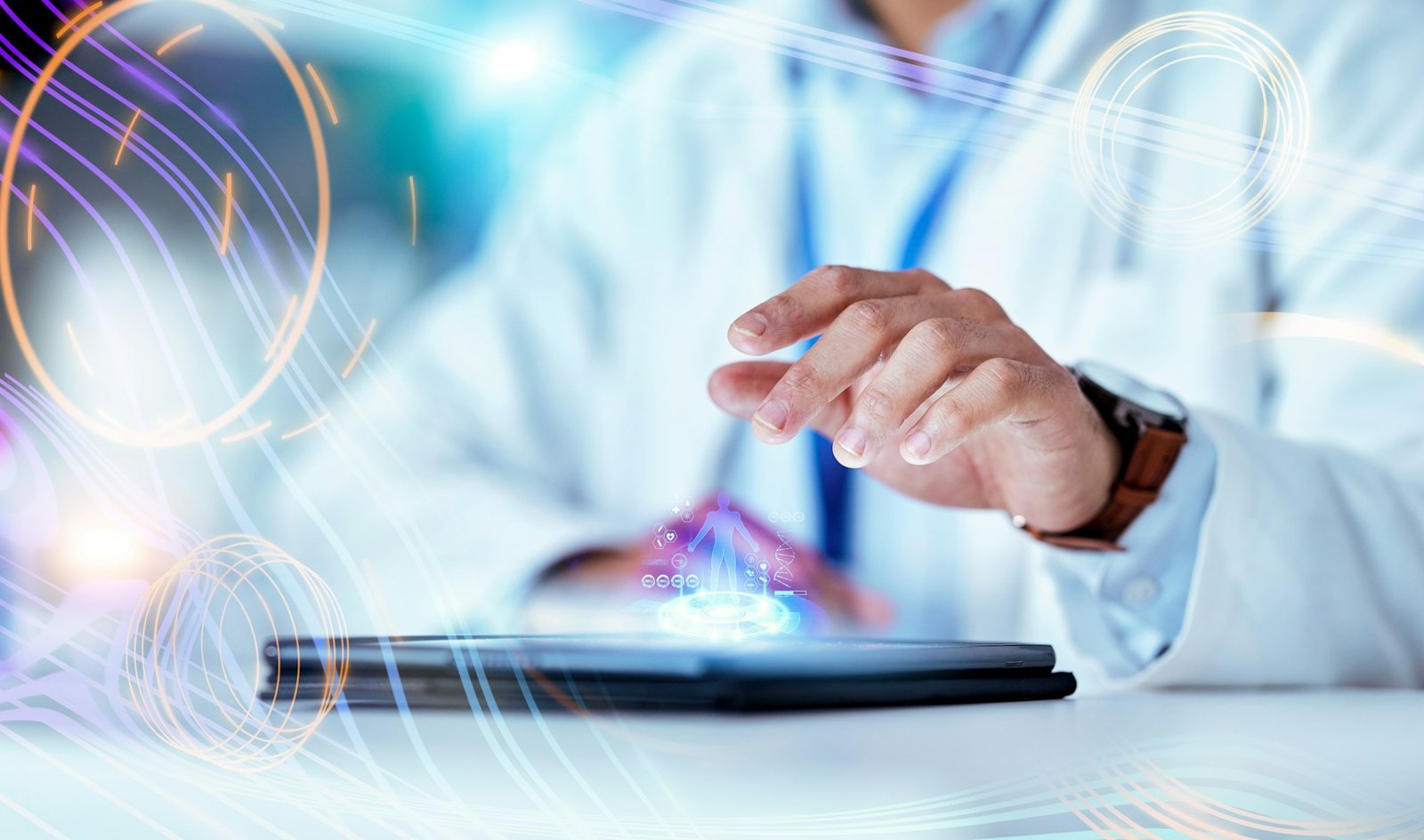 Science, hand and tablet with hologram in laboratory with typing, data and 3d human body for pharma